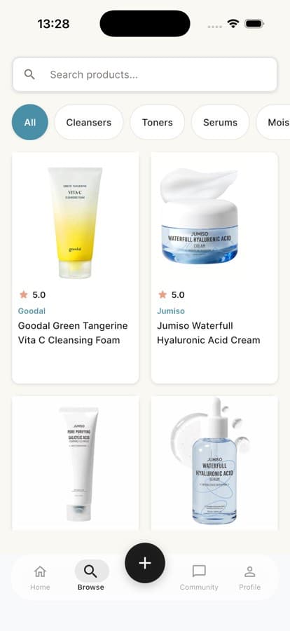 SkinGem app showing skincare product discovery and search